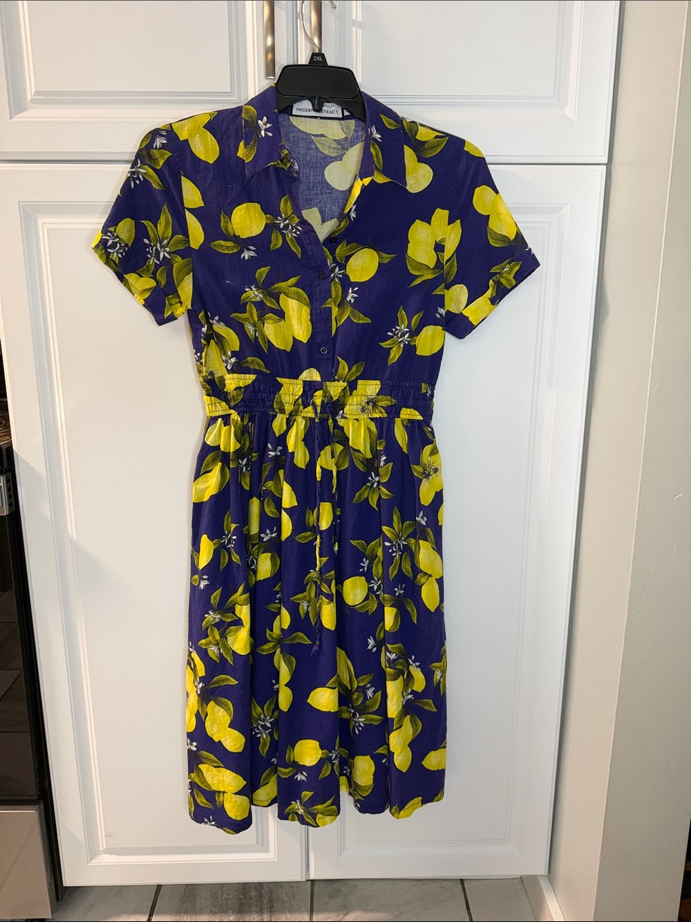 Yellow Lemon Print Navy Short-Sleeve Shirtwaist Dress